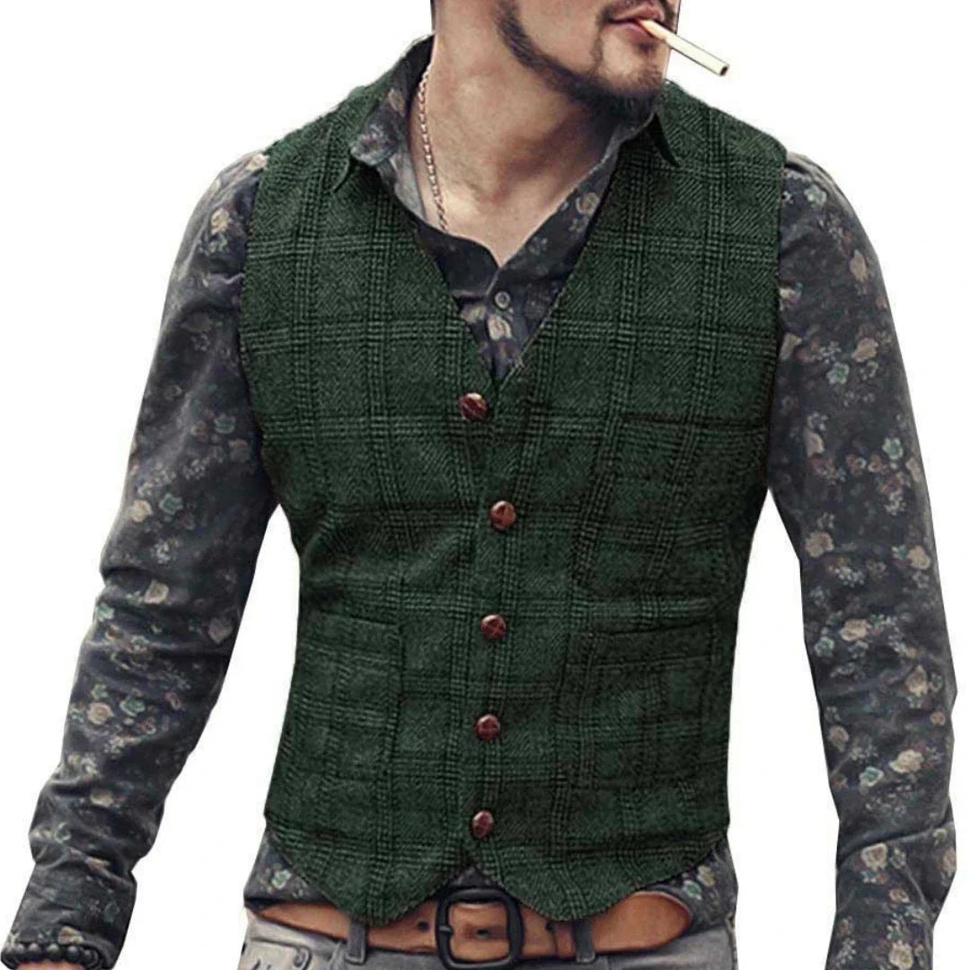 Men's Vest Gray Checkered Single Button V-Neck Waistcoat for Wedding & Business