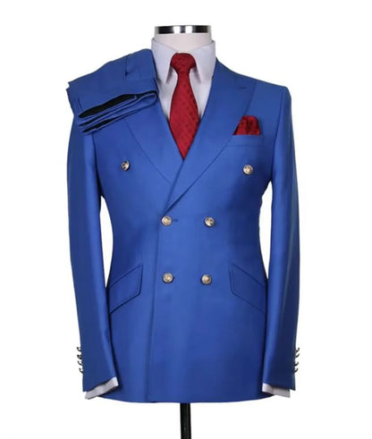 Men's Serge Suit 2 Piece Double Breasted Slim Fit Peak Lapel Gold Button High Quality Formal Blazer Pants Formal Business Weddin