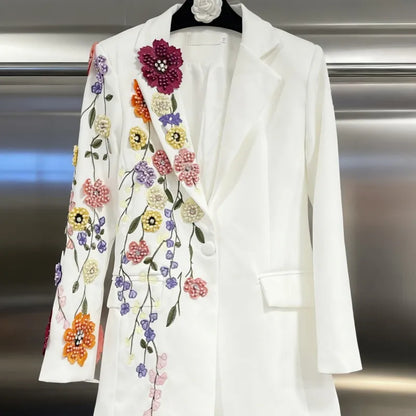 Elegant Women New Autumn Embroidery Floral Blazer Jacket Loose Fit Single Button Work Suit Coat Outwear Fashion Office Ladies