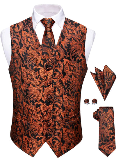 Men's Paisley Suit Vest Tie Set – Royal Blue, Red, Brown & Orange | Wedding & Business Waistcoat