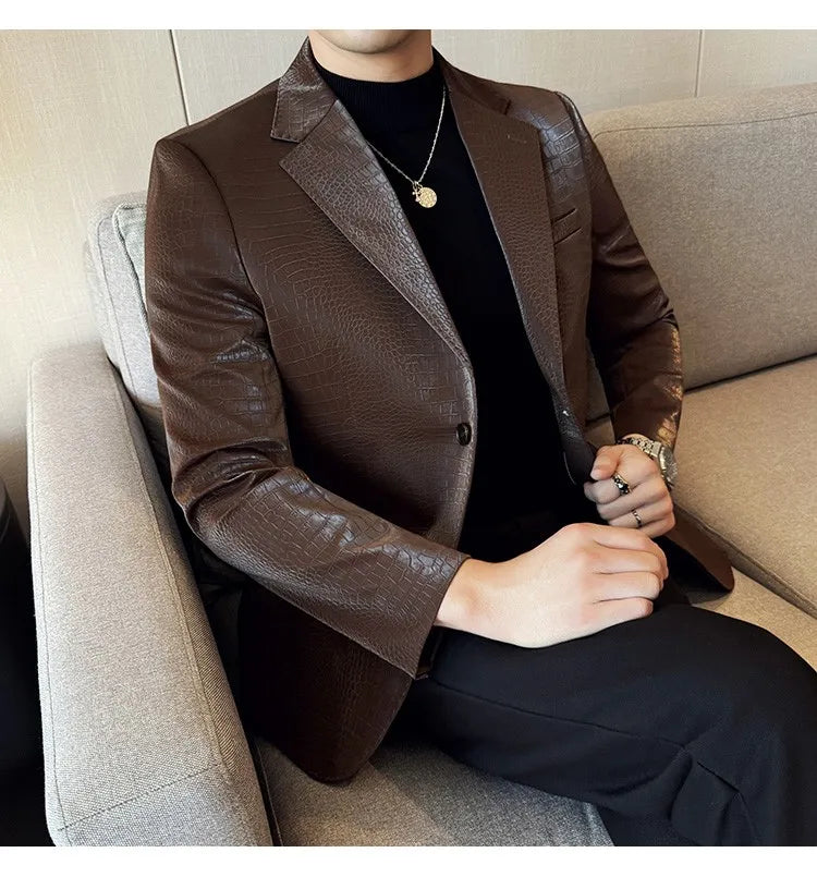 2026 Crocodile Patterned Leather Suit Jacket Men Slim Fit Business Casual Leather Jacket Wedding Groom Party Work Men Blazers