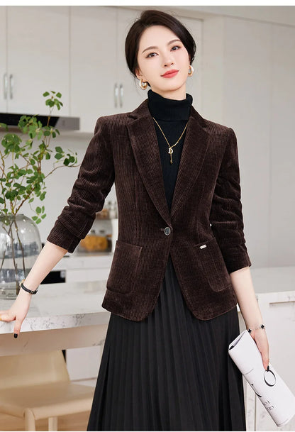 Autumn and Winter Blazer Women's Corduroy New Long Sleeve Professional Blazer Women's Coat Office Female Blazers Jacket Coat