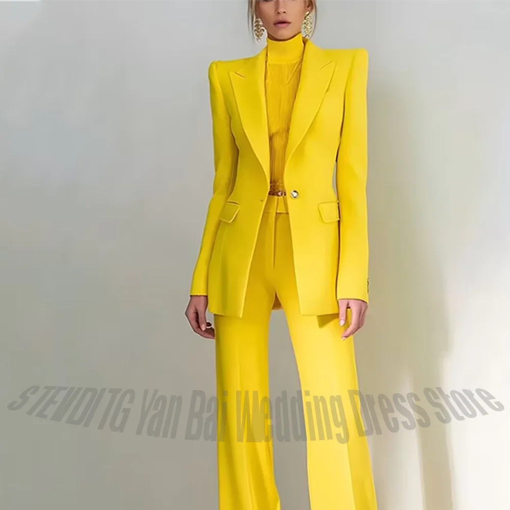 Women Pant Suit 2 Piece Set Office Female Business Work Formal Jacket Trouser One Button Chic Yellow Peaked Lapel Elegant Suit