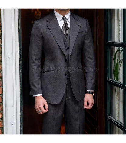 Elegant Dark Gray Men's Suits Gentleman Business British Suits Set Banquet Host Casual Wedding Business Suits(Blazer+Vest+Pants)