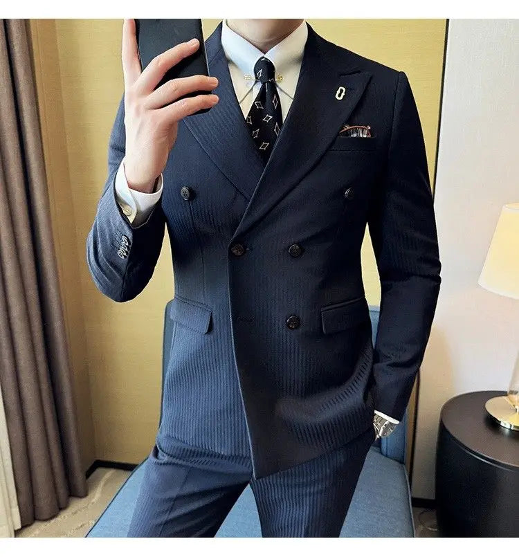 Korean Slim Fitt Wedding Suit Fashion Striped Double Breasted Suit 3 Piece Set Business Formal Casual Party Prom Host Suits