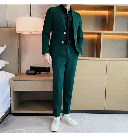 2025 New Waffle Blazers +Pant 2 Piece Set Men Fashion Business Slim Fit Solid Tuxedo Groom Wedding Prom Wear Casual Men's Sets