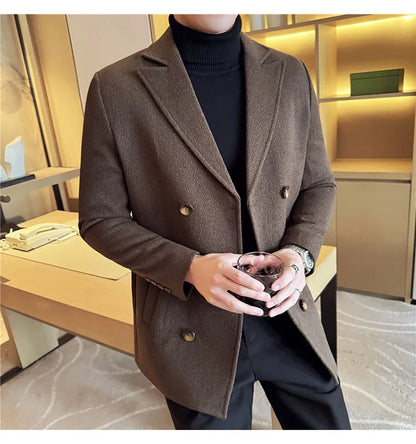 British Style Winter Double Breasted Woolen Suit Jackets Men Thick Warm Wedding Business Blazers Solid Color Casual Dress Coat