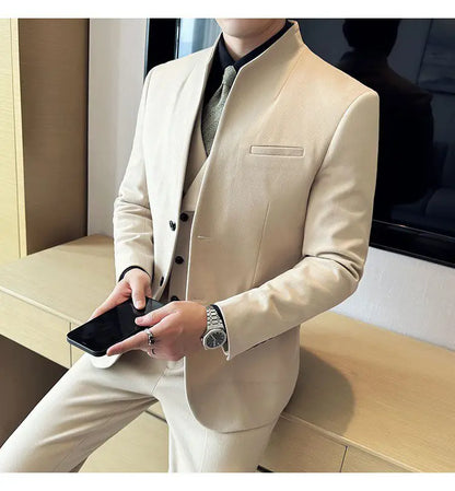 Men's 3-Piece Slim Fit Stand Collar Suit – Wedding, Prom & Office Formal Set
