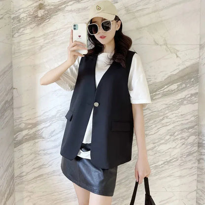 Feminine V-neck Blazer Waistcoat Tops Coat Korean Women Fashion Leisure Suit Vest Outerwear Spring Autumn Ladies Solid Color Sle