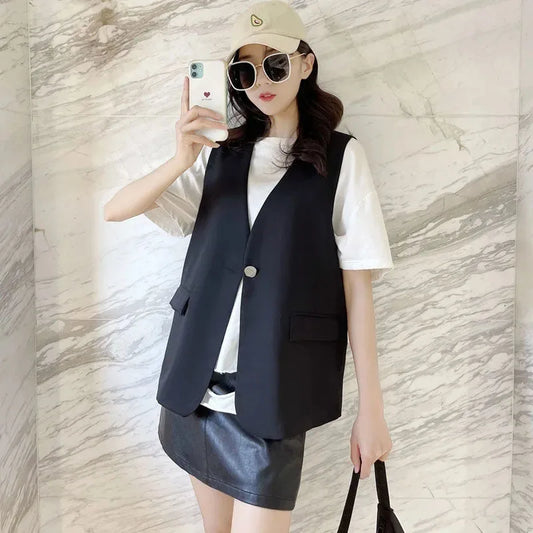 Feminine V-neck Blazer Waistcoat Tops Coat Korean Women Fashion Leisure Suit Vest Outerwear Spring Autumn Ladies Solid Color Sle