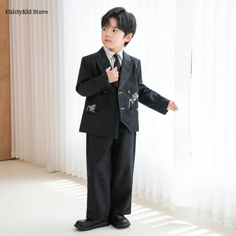 Boys Solid Double Breasted Blazer Jack Vest Pants Children Suit Waistcoat Wedding Clothes Sets Toddler Formal Dress Kids Tuxedos
