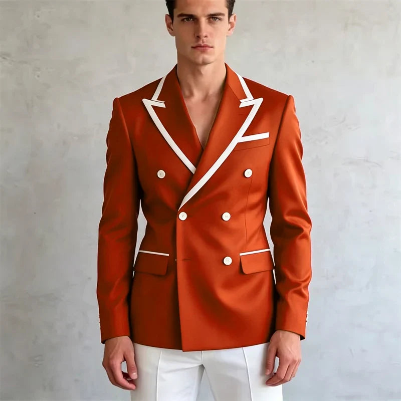 Double Breasted Slim Fit Blazer – Men's Formal Suit Jacket with White Contrast Piping