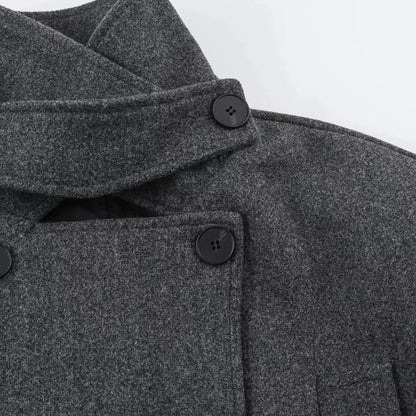 Women Blazer Coat Elegant Chic Dark Style Design Double Breasted Sashes Patchwork Solid Color Loose Woolen Overcoat HK27262