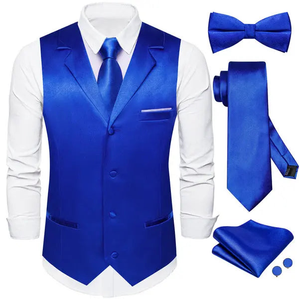 Men's Satin Waistcoat 5-Piece Set with Rose Gold Lapel – Vest, Necktie, Bow Tie, Pocket Square & Cufflinks