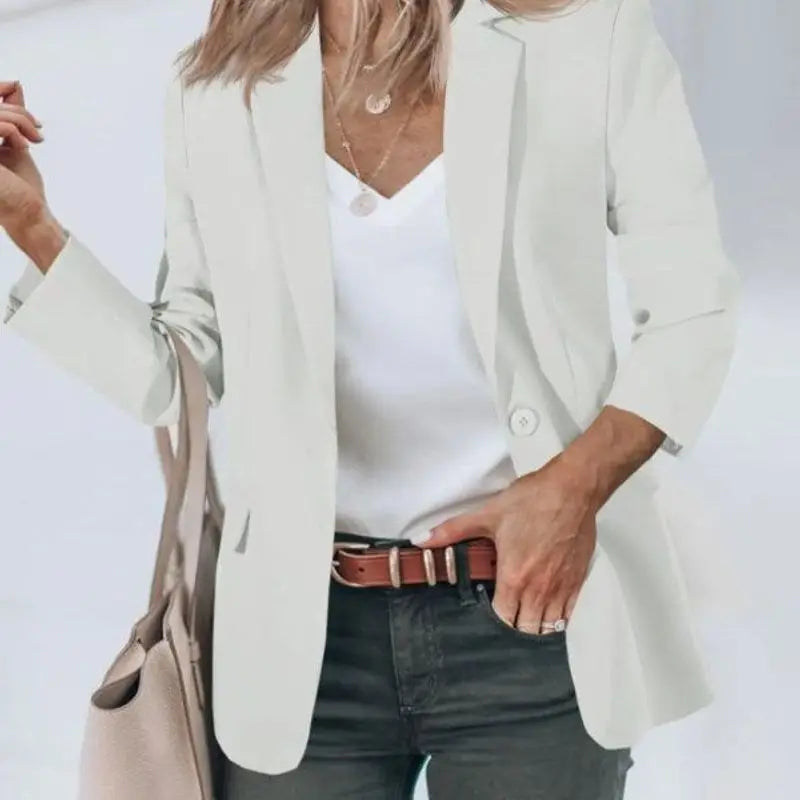 Fall 2024 Women's Casual Long Sleeve Button-Up Collar Pocket Single-Breasted Office West Suit Polyester Blend Fashion Style