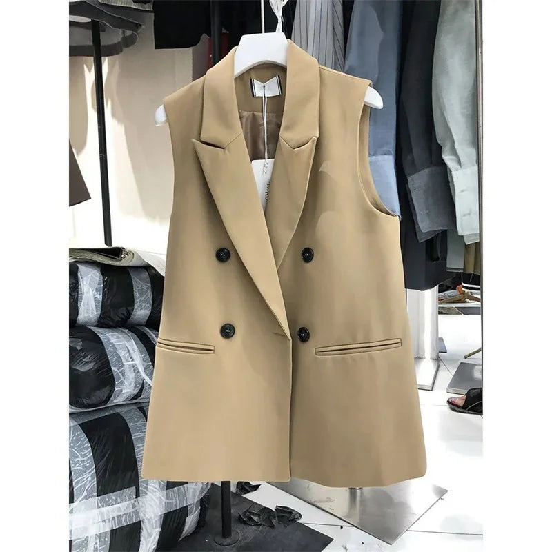 New Korean Women Loose Black Vest Suit Jacket Female Spring Autumn Leisure Solid Color Sleeveless Waistcoat Cardigan Vest Coat