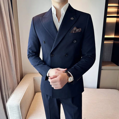 (Jacket+Pant) Fashion Double Breasted Design Men's Slim Fit Suits High Quality Italian Style Wedding Social Tuxedo Men Clothing