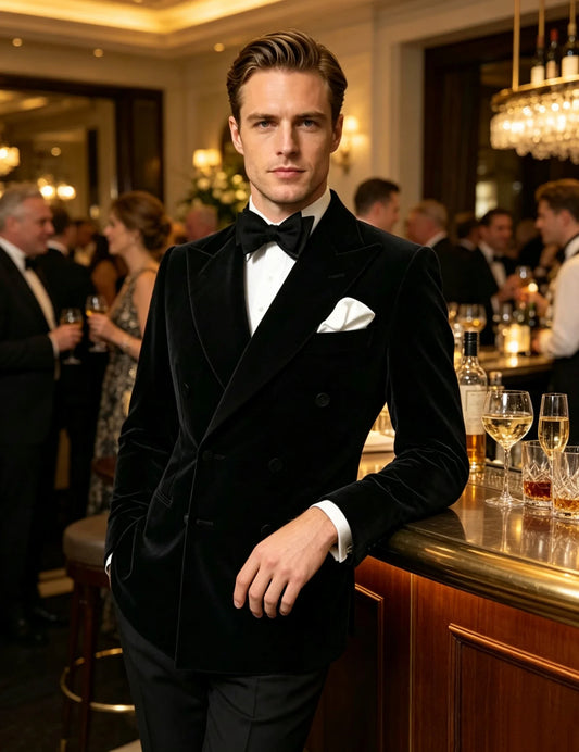 Handsome 2PCS Black Velvet Suit For Men Wedding Double Breasted Suits Formal Groom Suit Set Classic Jacket Pants Wedding Suits