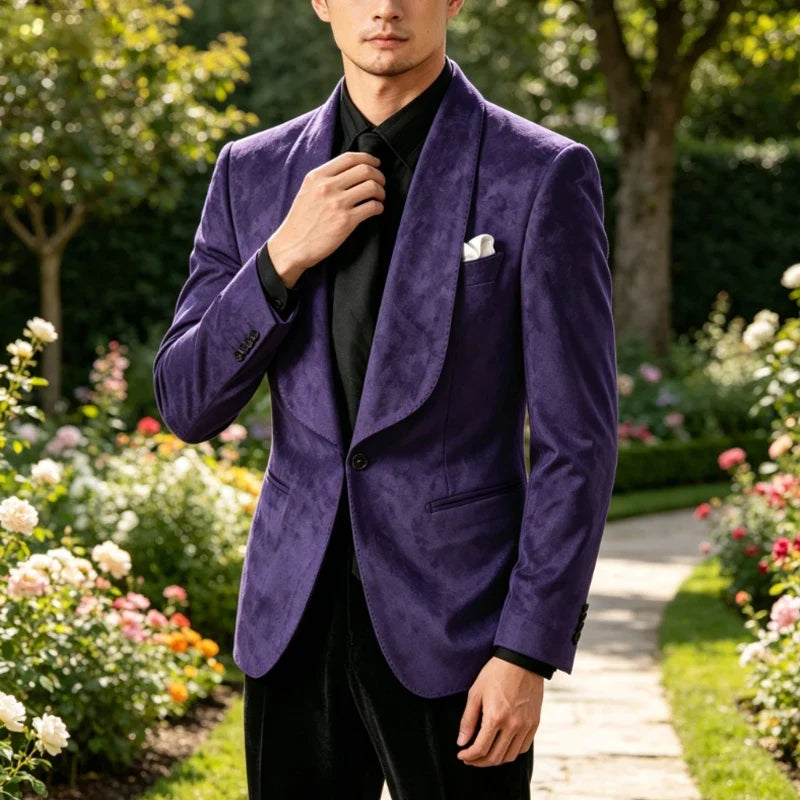 Luxury Men's Faux Suede Blazer Shawl Lapel 1 Button Slim Fit Tuxedo Jacket Business Casual For Wedding Party Prom Suit Coat