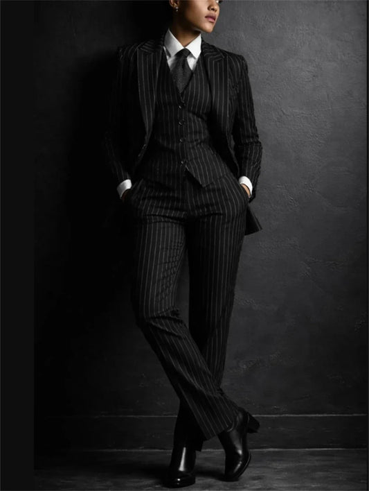 Black Pinstripe Women's Suits 3 Pcs Elegant Workwear Blazer Business Party Pantsuit Wedding Guest Outfit (Jacket+Vest+Pants)
