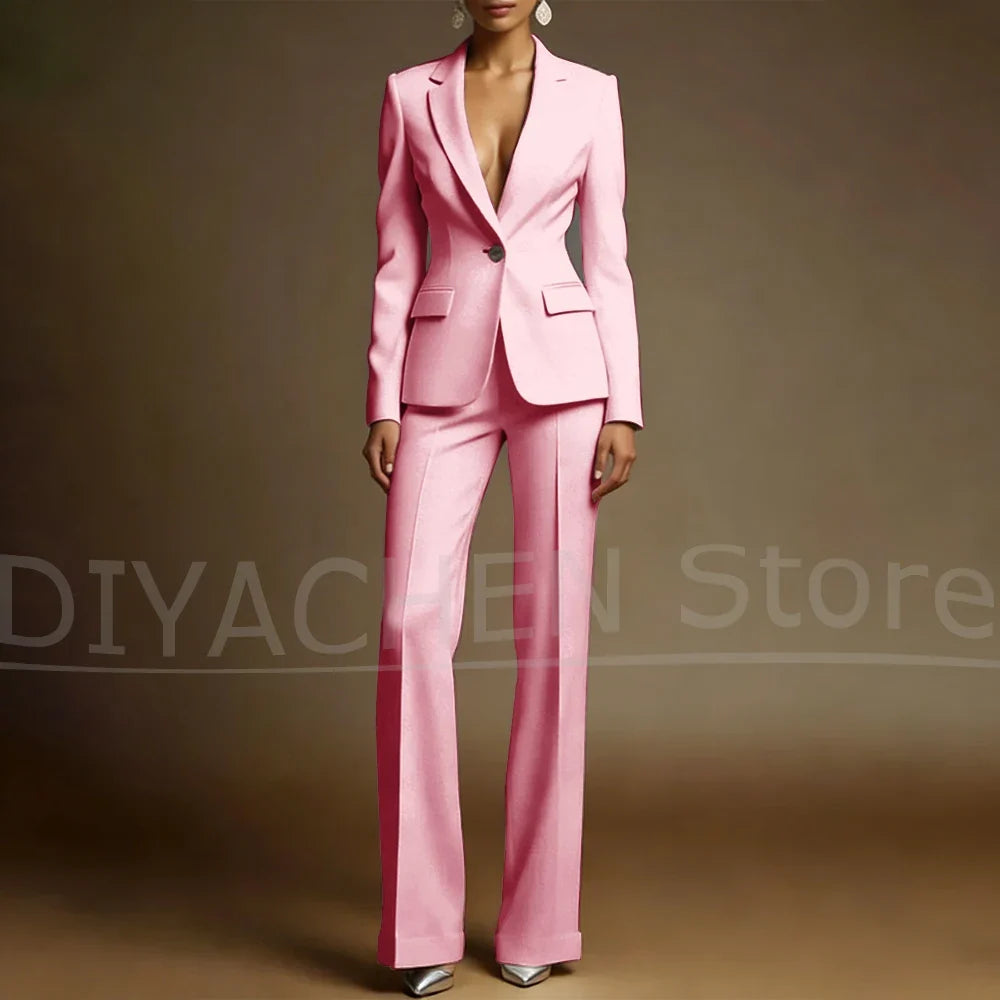 Women's White Suit Set Slim Fit Two Piece Jacket and Wide Leg Pants Office Casual Formal Occasions Elegant Female Outfit