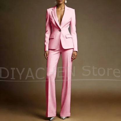 Women's White Suit Set Slim Fit Two Piece Jacket and Wide Leg Pants Office Casual Formal Occasions Elegant Female Outfit