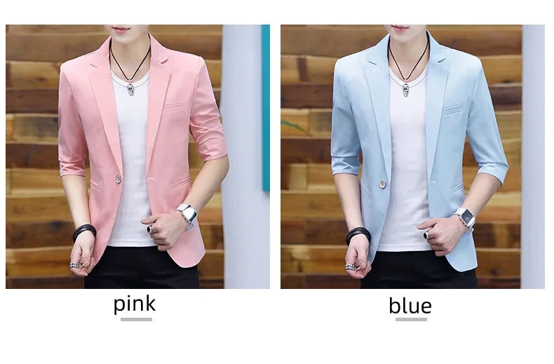 Summer 2025 Men's Mid-Sleeve Slim Fit Suit Korean Style Handsome Youth Seven-Quarter Jacket Small Suit Collection
