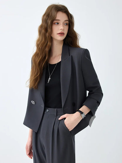 Solid Suits for Women 2025 Spring Fashion Office Ladies Long Sleeve Double Breasted Short Tops Chic Cargo Pant Suits