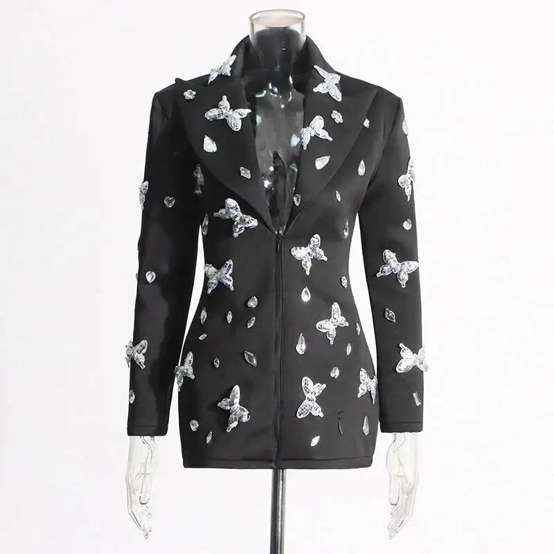 Sexy Socialite Style Blazer Dress 2025 Spring Autumn New Women's Turn-Down Collar Long Sleeve Sequin Diamond Jacket  HK8313