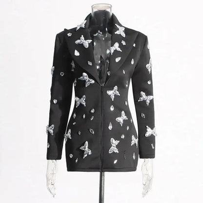 Sexy Socialite Style Blazer Dress 2025 Spring Autumn New Women's Turn-Down Collar Long Sleeve Sequin Diamond Jacket  HK8313