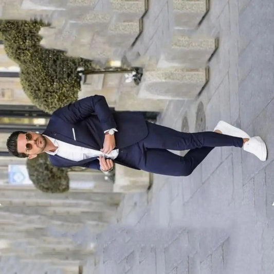 Men's Slim Fit Formal Business Suit Dark Blue Notched Lapel Single Breasted Wedding 2023 2 Pcs Set Jacket And Pants