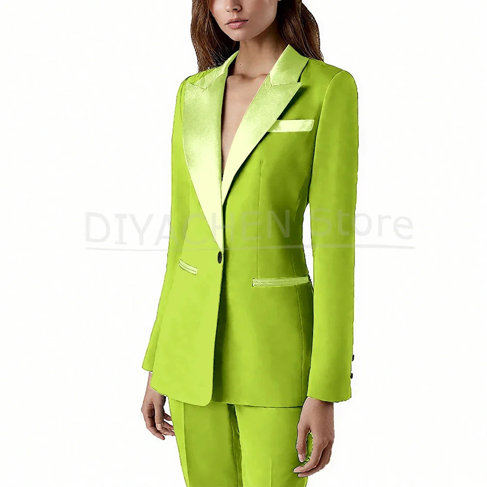 Pants Sets 2 Piece Fashion Satin Peak Lapel Single Button Solid Color Outfits Chic Casual Slim Daily Office Women's Suit