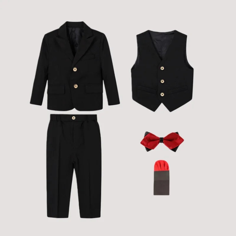 Children's Spring Autumn Blazer Set For Wedding Kids Jacket Vest Pants Bowtie+Pocket Towel 5Pieces Formal Birthday Party Wear