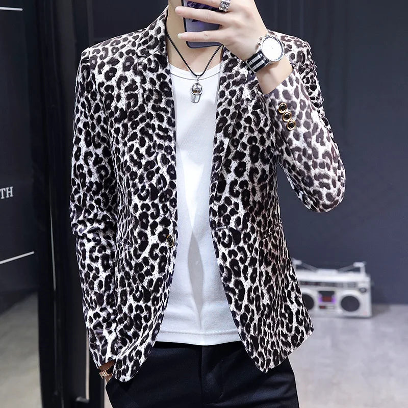 KIDWHXR Suit Coat Man Vintage Fashion Leopard Print Long Sleeve Male Blazer Slim Single-breasted Casual Versatile Man Outerwear