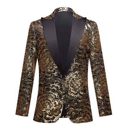 Men's Luxury Gold Sequins Suit Jacket Shawl Lapel Slim Wedding Party Blazers Bar Stage Singer Concert Glitter Tuxedo Dress Coat