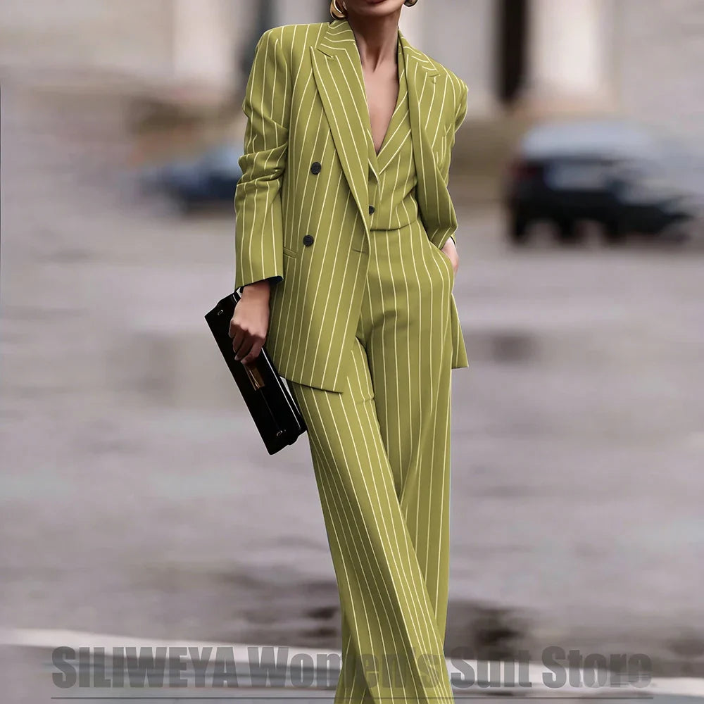 Navy Women's Striped 3 Piece Suit Double Breasted Blazer Vest Wide-Leg Pants Set Fashion Formal Party Office Casual Outfit