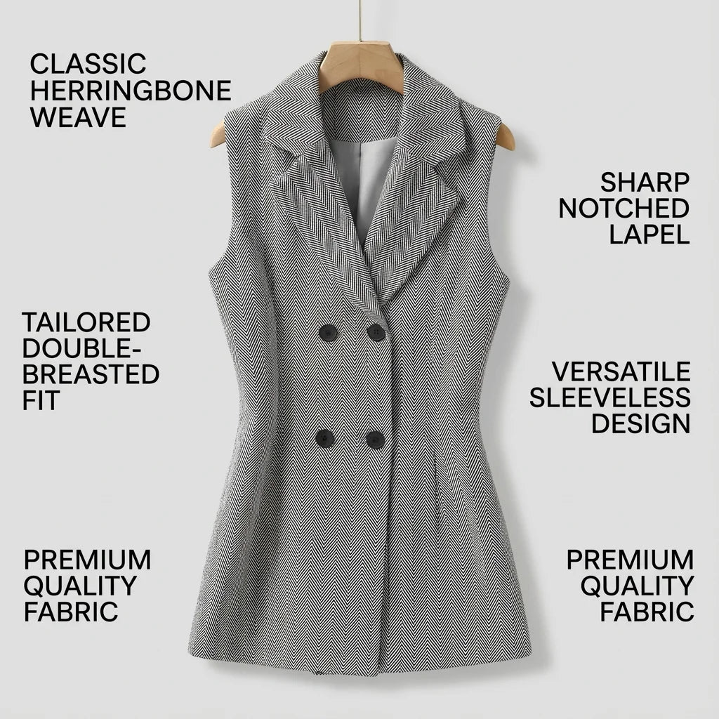 Vintage Women's Herringbone Double-Breasted Blazer Vest, Sleeveless Notched Lapel Long Waistcoat, Elegant Office Work Suit Vest