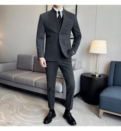 Men's 3-Piece Slim Fit Stand Collar Suit – Wedding, Prom & Office Formal Set