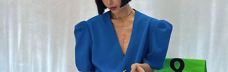Loose Fit One Button Bubble Sve V Ne Women's Suiting Top Korean Design Summer Casual Versatile Faion Polyester