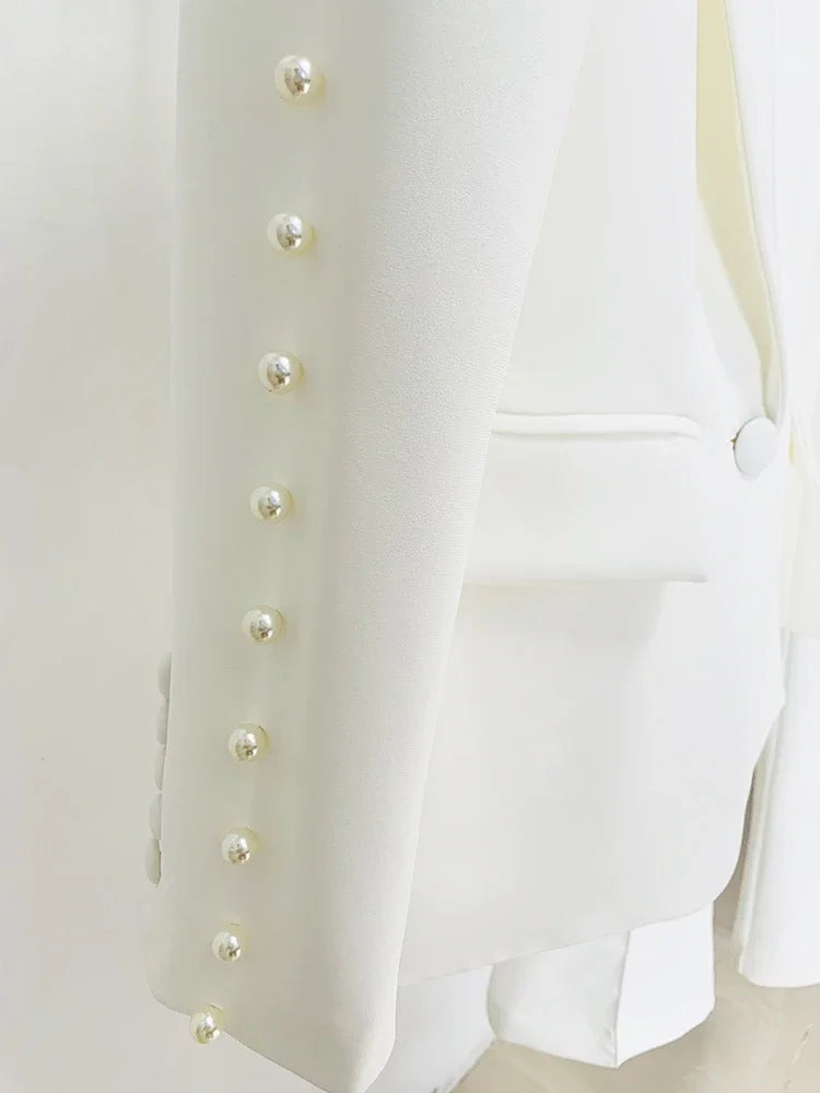 Fashion White Women Pants Sets Elegant Pearls Single Button Peak Lapel 2 Piece Chic Party Formal Solid Suits (Blazer+Pants)