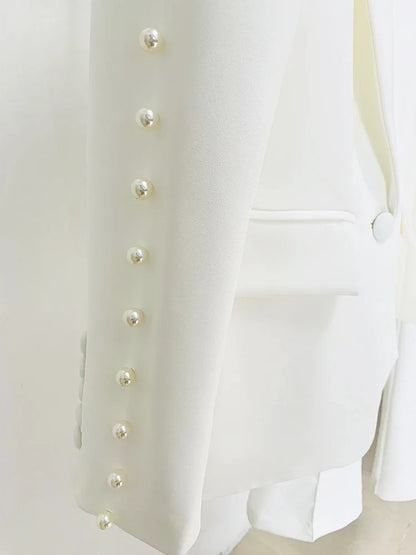 Fashion White Women Pants Sets Elegant Pearls Single Button Peak Lapel 2 Piece Chic Party Formal Solid Suits (Blazer+Pants)