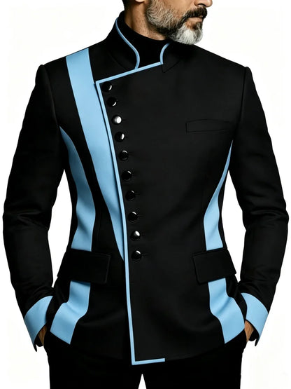 Mens Stand Collar Black Light Blue Contrast Panel Slim Fit Formal Blazer Men Wedding Groom Prom Evening Party Costume Jacket