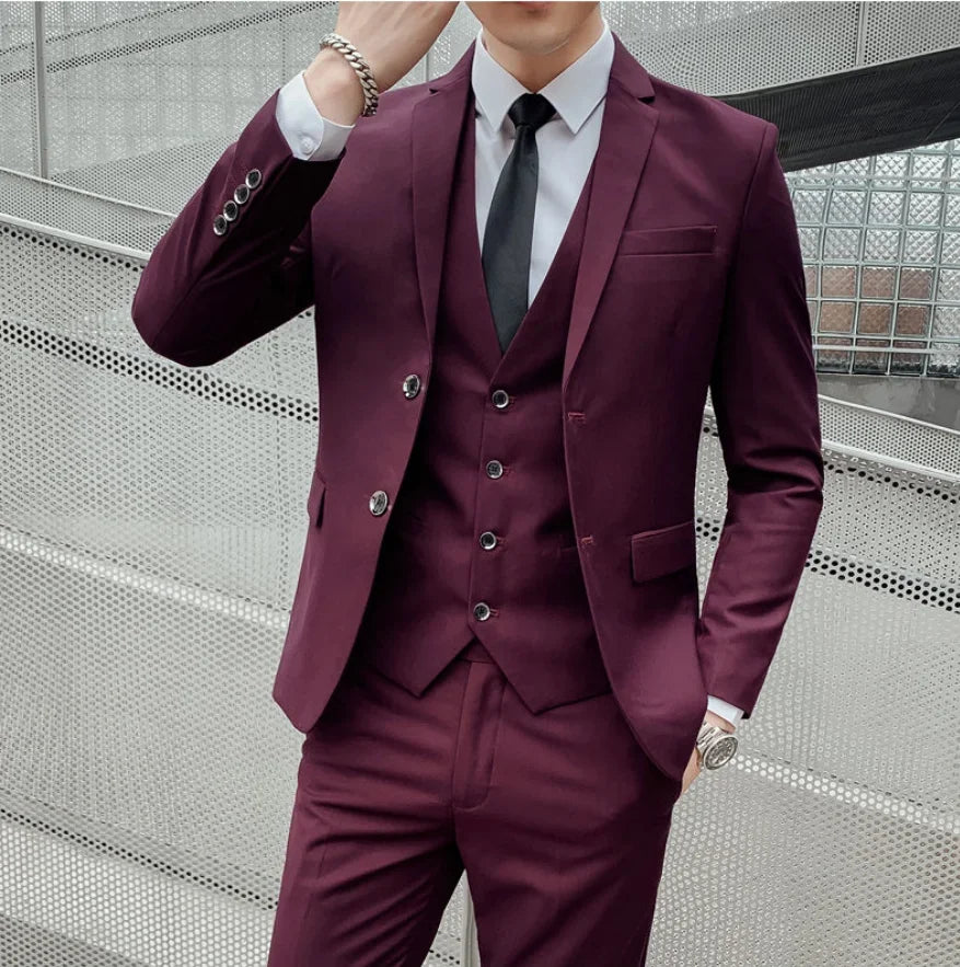 Men's Solid Color 3-Piece Suit – Slim Fit Blazer, Waistcoat & Trousers for Business, Dinner & Formal Occasions