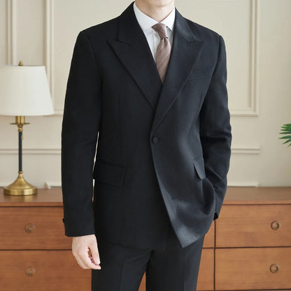 Herringbone Pattern Fabric Suit Jacket Men Autumn Winter Casual Business Dress Coat Wedding Groom Banquet Party Blazer Masculino