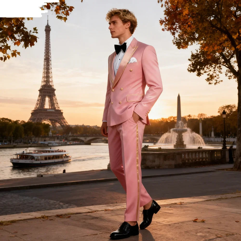 Men's Double-Breasted Suit Set – Peak Lapel, Solid 2-Piece for Wedding & Formal Occasions