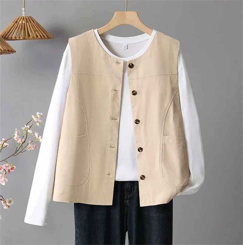 Spring Femme Fashion Vest Outwear Retro Ladies Solid Color Casual Sleeveless Jacket Autumn Women Round Neck Loose Waistcoat Coat