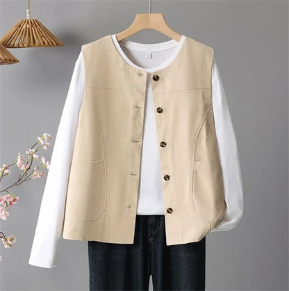 Spring Femme Fashion Vest Outwear Retro Ladies Solid Color Casual Sleeveless Jacket Autumn Women Round Neck Loose Waistcoat Coat