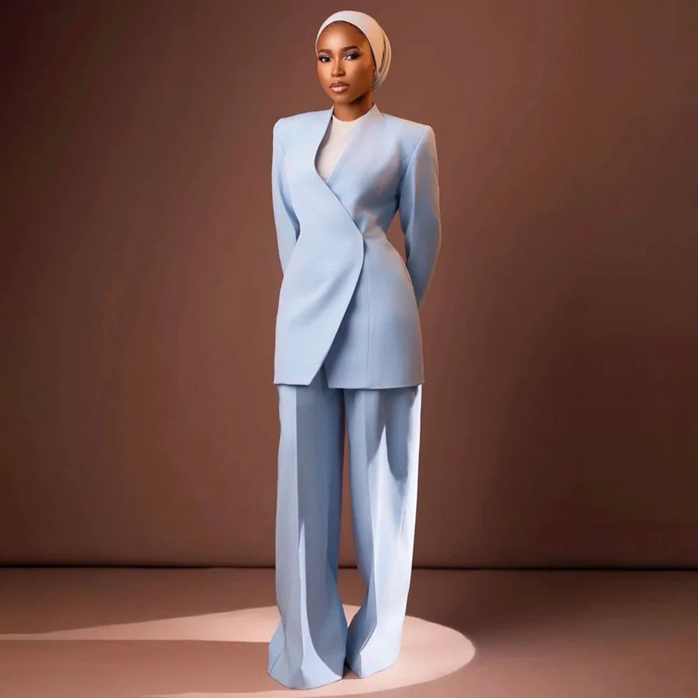 Minimalist Women Sky Blue 2 Piece Suit Snap Button Blazer+Pants Set Elegant Formal Office Business Lady Matching Outfit