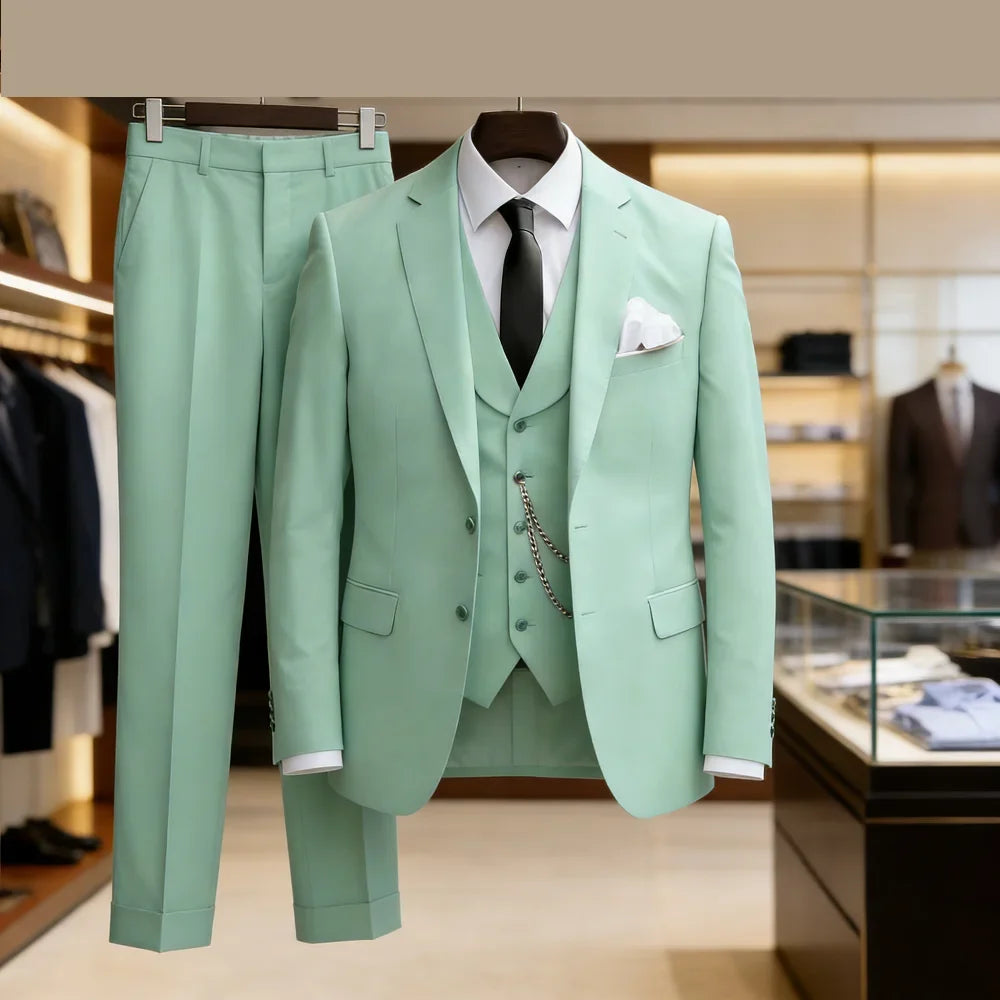 Elegant Mint Green 3 Piece Men's Suit Groom Tuxedos Business Suits Slim Fit Notch Lapel Blazer Vest Pants for Wedding Party Prom