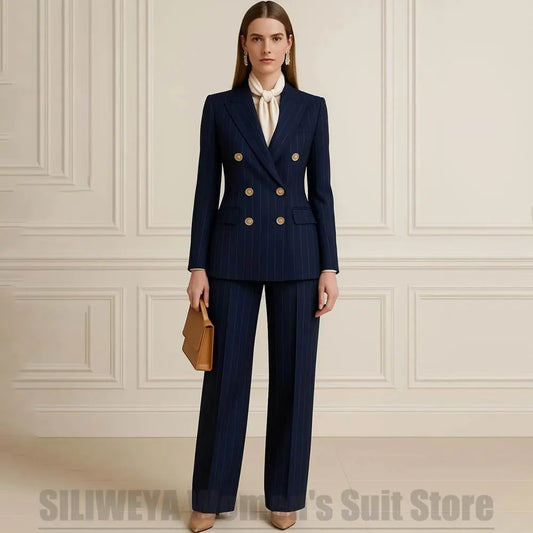 Navy Blue Striped Women Suits Double Breasted Peak Lapel Blazer and Pants 2 Piece Elegant Formal Casual Office Work Outfit